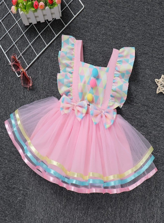 AWIBMK Baby Girls Carnival Costume Halloween Party Cosplay Outfits Toddler Newborn Flying Sleeve Square Neck Ruffle Bowknot Ball Circus Birthday Princess Tutu Romper Dress with Headband Pink 2PCS 12-18 Months - Image 4